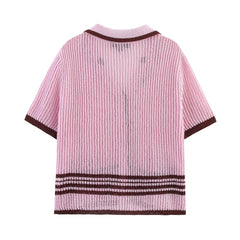 Vintage Striped Knit Cardigan – Notched Collar Charm