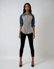 Blue Striped Pleated Denim Loose-Fit Blouse