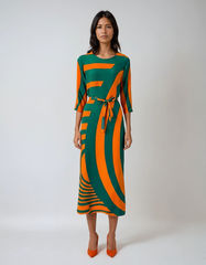 Bold Geometric Striped A-Line Midi Dress