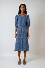 Round Neck Denim Midi Dress