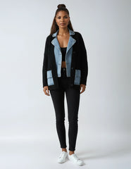 Denim Spliced Sweater Coat