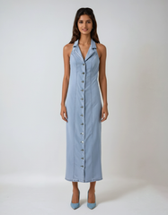 Denim Blue Single-breasted Midi Dress – Vintage Lapel Sleeveless Style