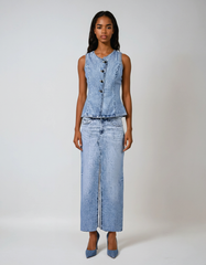 Denim Blue Two-piece Set – Single-breasted Tank & Vintage Zipper Midi Skirt