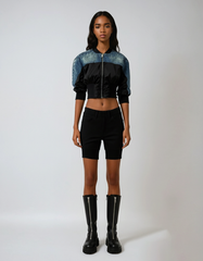 Denim Hybrid Cropped Bomber – Contrast Panel Jacket