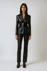 Faux Leather Blazer with Elastic Cinched Waist