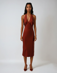 Halter V-collar Backless Midi Dress – Chic Linen-look Style