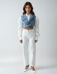 Irregular Blue Denim Puff Sleeve Blouse