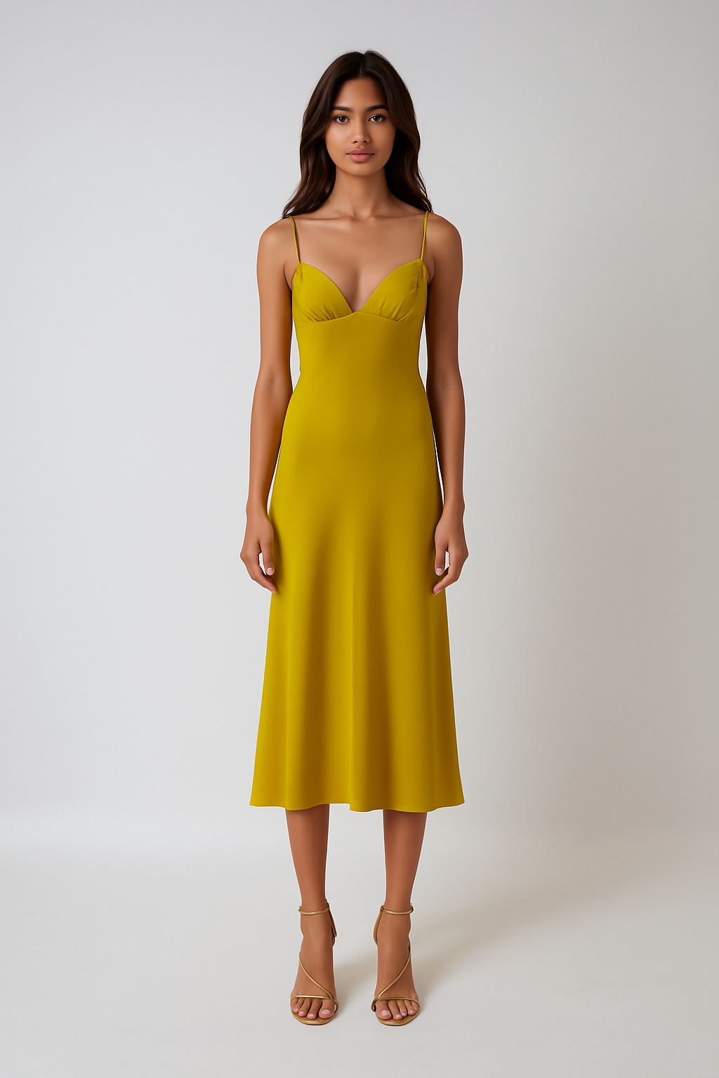 Woman wearing a golden yellow dress against a white background