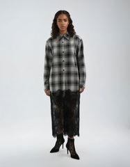 Plaid Long Sleeve Lace Hem Blouse