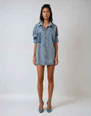 Rhinestone-studded Denim Shirt Dress – Embellished Cotton Blend