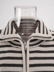 Striped Knit Cardigan with Zipper & Pockets