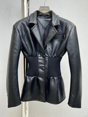 Faux Leather Blazer with Elastic Cinched Waist