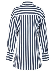 Navy & White Striped Oversized Button-Down Blouse