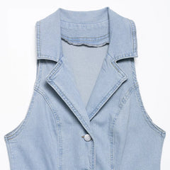 Denim Blue Single-breasted Midi Dress – Vintage Lapel Sleeveless Style