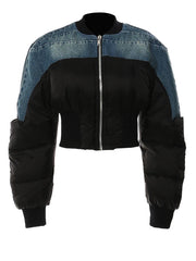 Denim Hybrid Cropped Bomber – Contrast Panel Jacket