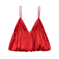 Voluminous Red Satin Puff Crop Top – Sexy Backless Camisole