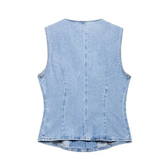 Denim Blue Two-piece Set – Single-breasted Tank & Vintage Zipper Midi Skirt