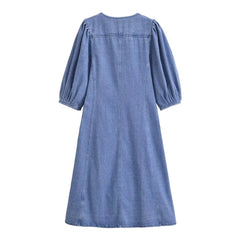 Round Neck Denim Midi Dress