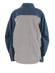 Blue Striped Pleated Denim Loose-Fit Blouse