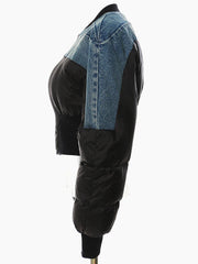 Denim Hybrid Cropped Bomber – Contrast Panel Jacket