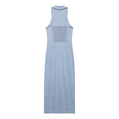 Denim Blue Single-breasted Midi Dress – Vintage Lapel Sleeveless Style