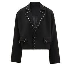 Grommet-Embellished Cropped Black Blazer