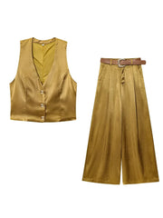 Yellow Satin Button-up Vest & Wide-leg Pants Suit