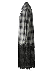 Plaid Long Sleeve Lace Hem Blouse