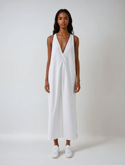 White V-neck Linen Midi Dress