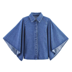 Autumn Solid V-Neck Long Sleeve Denim Shirt