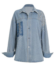 Rhinestone-studded Denim Shirt Dress – Embellished Cotton Blend
