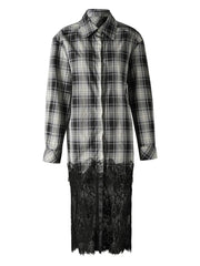 Plaid Long Sleeve Lace Hem Blouse