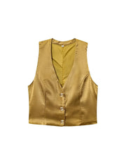 Yellow Satin Button-up Vest & Wide-leg Pants Suit