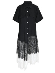 Black Lace Pleated Shirt Dress
