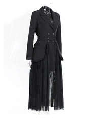 Pleated Mesh Two-piece Set – Black Shirt & Mid-calf Skirt Suit