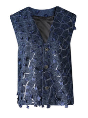 Navy Sequin Casual Denim Vest