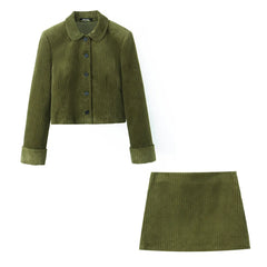 Olive Green Corduroy Jacket & Mini Skirt Set