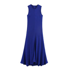 Blue Linen-look Sleeveless Midi Dress