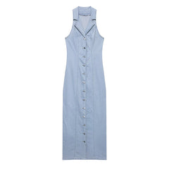 Denim Blue Single-breasted Midi Dress – Vintage Lapel Sleeveless Style
