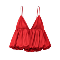 Voluminous Red Satin Puff Crop Top – Sexy Backless Camisole