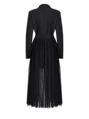 Pleated Mesh Two-piece Set – Black Shirt & Mid-calf Skirt Suit