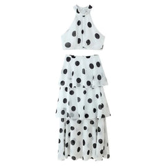 Polka Dot Two-piece Set – Sleeveless Zip Crop Top & High-waist Long Skirt