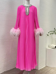 Ruched Pleat Feather Diamonds Spliced Dress