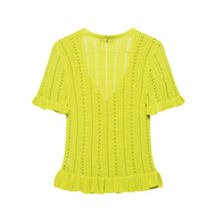 Citrus Glow Hollow-Knit Ruffle Cardigan
