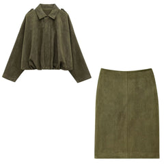 Vintage Olive Suede Skirt Suit