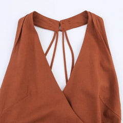 Halter V-collar Backless Midi Dress – Chic Linen-look Style