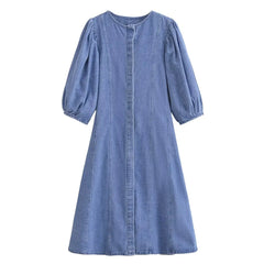 Round Neck Denim Midi Dress