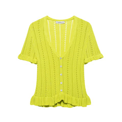 Citrus Glow Hollow-Knit Ruffle Cardigan