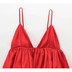 Voluminous Red Satin Puff Crop Top – Sexy Backless Camisole