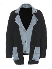 Denim Spliced Sweater Coat